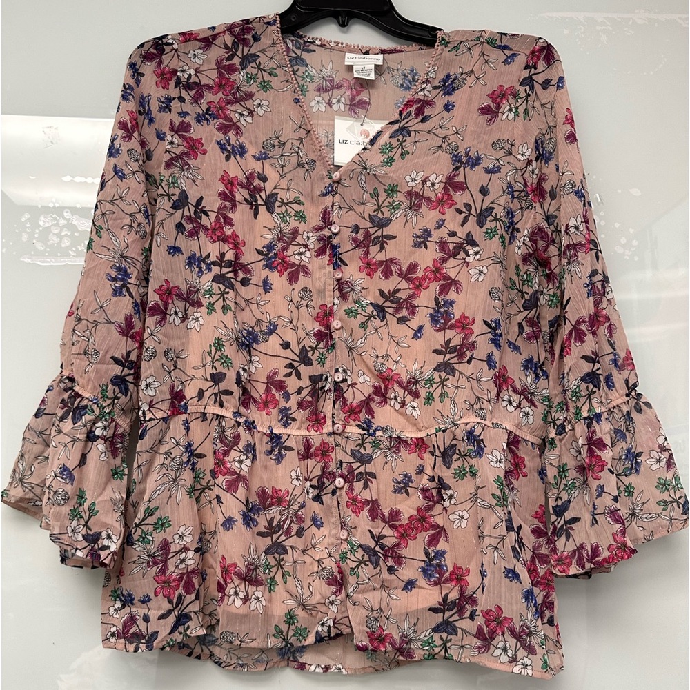 Liz Claiborne Mauve Pink Multicolor Floral Peplum Blouse